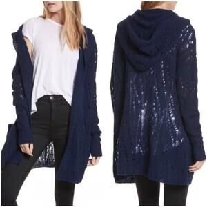 Free People Lemon Drop Navy Blue Pointelle Open Knit Alpaca Hood Cardigan Small